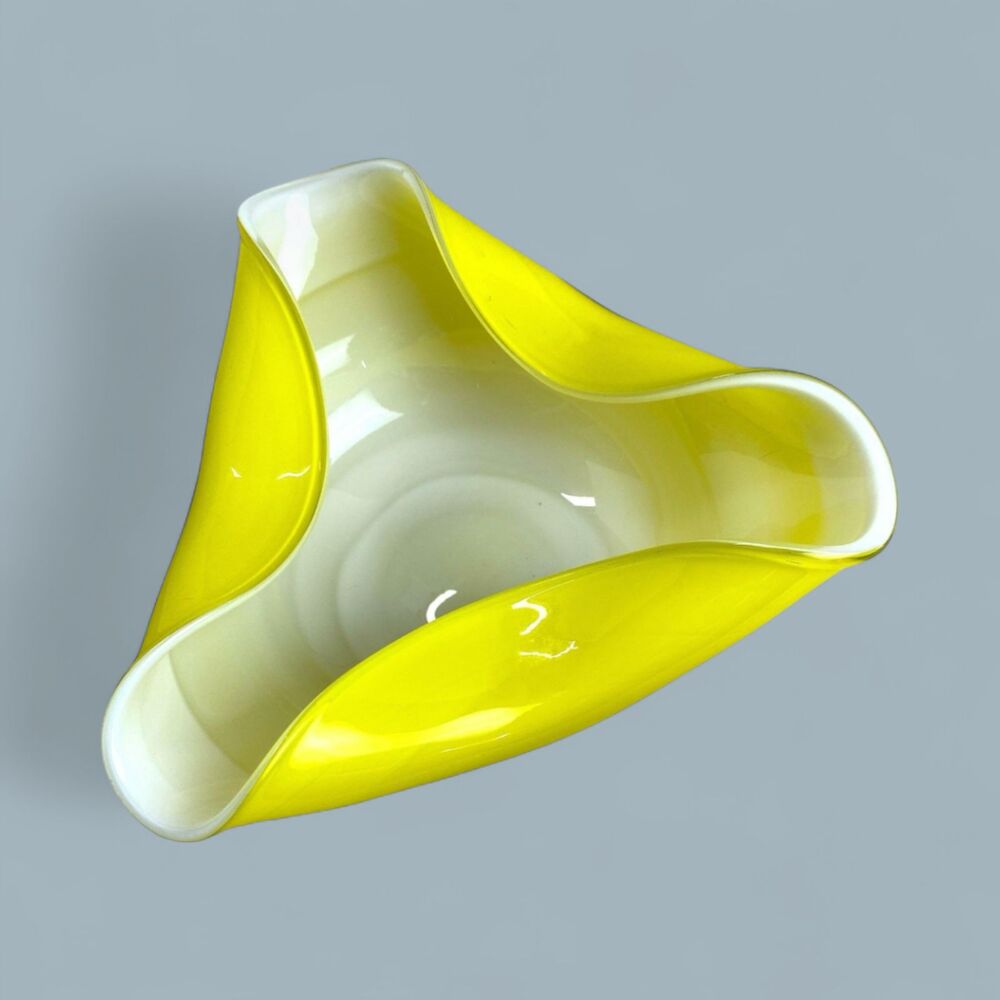 Vintage Wales Art Glass Ashtray Yellow White Tri-Fold Candy Dish MCM Decor